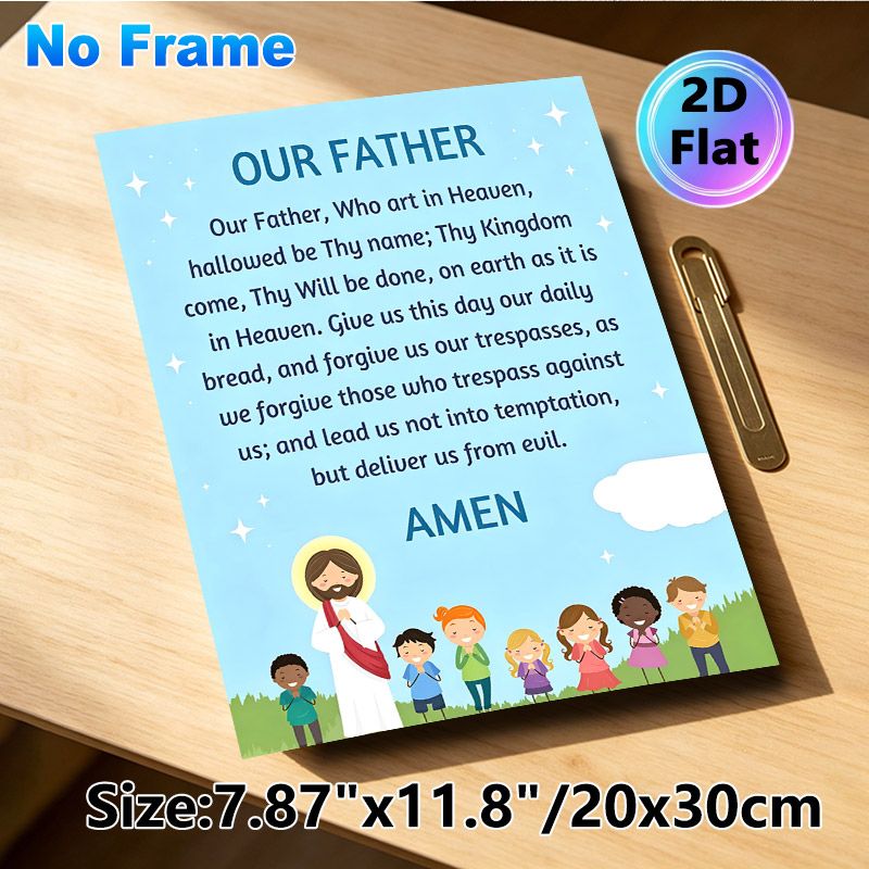 Our Father Prayer Painting Poster, Warm Cartoon-style Poster With Classic Prayer Text And Praying Figures, Gentle Religious Decor Ideal For Church_maomaolike.com