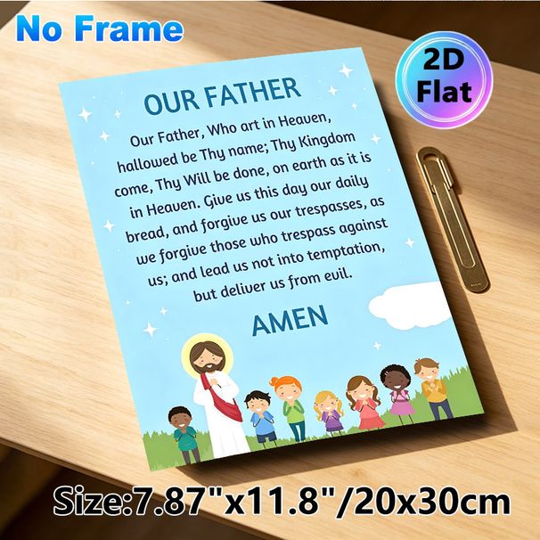 Our Father Prayer Painting Poster, Warm Cartoon-style Poster With Classic Prayer Text And Praying Figures, Gentle Religious Decor Ideal For Church_maomaolike.com