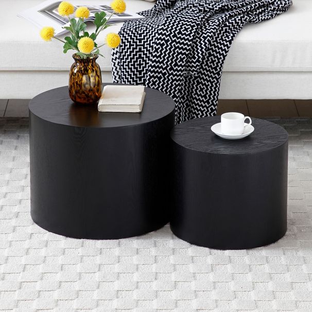 Round Coffee Table Set Of 2, Nesting Coffee Tables For MDF With Veneer .for Living Room,office,bedroom,Natural, 4Colors BLACK_maomaolike.com
