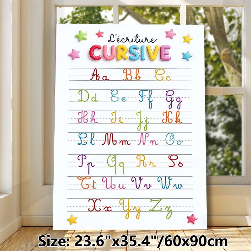 French Cursive Alphabet Painting Poster, Vibrant Colorful Star-adorned Cursive Chart Poster, Supports Cursive Writing Learning, Ideal For Study Areas_maomaolike.com
