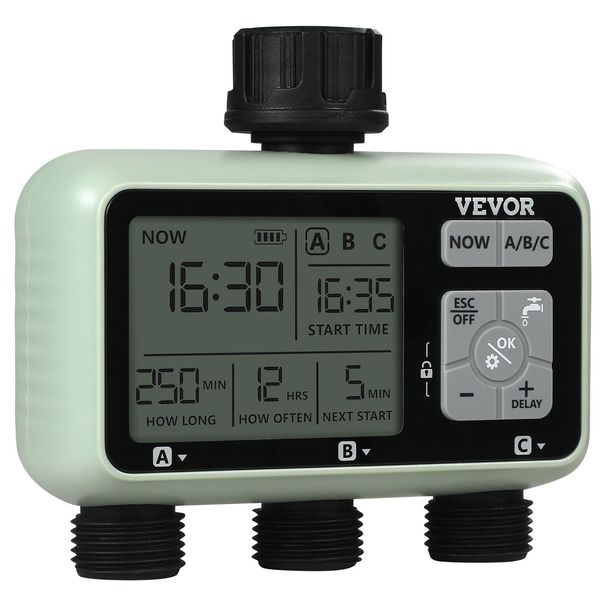 VEVOR Water Timer, 3 Outlets, Hose Watering Sprinkler Timer, With 3 Independent Watering Zone LCD Display Rain Delay Mode Manual Mode 360° Brass Inlet Metal Filter, IPX6 Waterproof For Yard Watering_maomaolike.com
