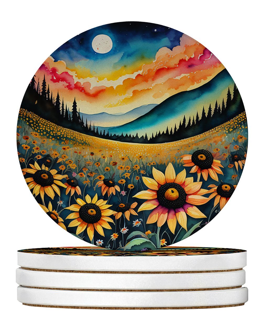 Colorful Black-eyed Susans Large Sandstone Coasters Pack Of 4 Absorbent Round Coasters Decor Gifts For Men Or Women, 4 In, Multicolor_maomaolike.com