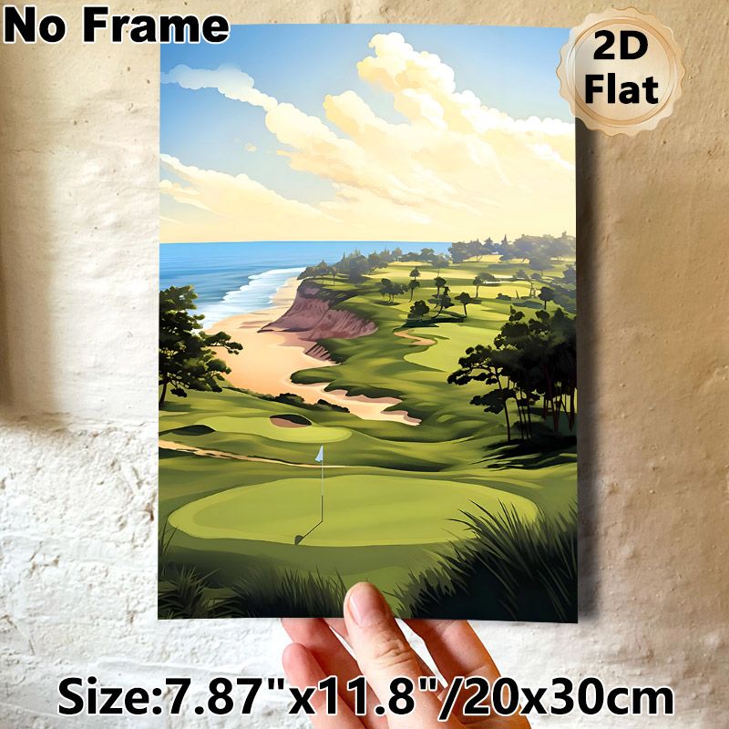 Coastal Golf Course Painting Poster, Serene Soft-illustrated Seaside Golf Course Scene Poster, Calming Scenic Decor Ideal For Home, Office & Golf Club_maomaolike.com