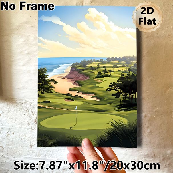 Coastal Golf Course Painting Poster, Serene Soft-illustrated Seaside Golf Course Scene Poster, Calming Scenic Decor Ideal For Home, Office & Golf Club_maomaolike.com