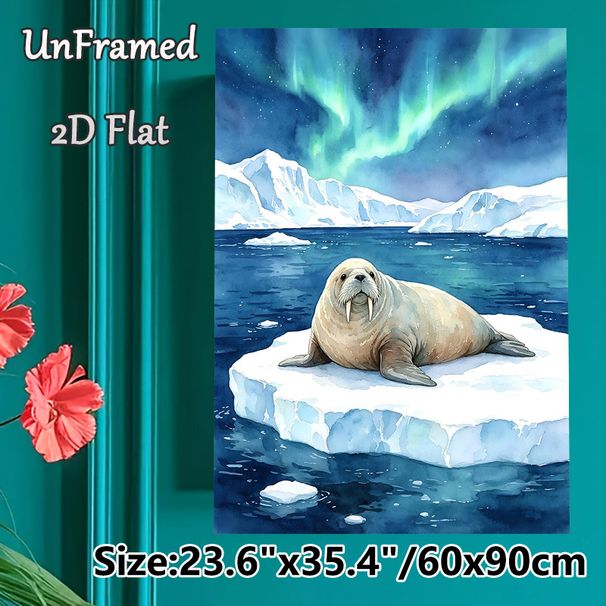 Walrus & Aurora Borealis Painting Poster, Soft Watercolor Arctic Scene Poster, Serene Icy Landscape Artwork, Suitable For Home, Living Room And Office_maomaolike.com