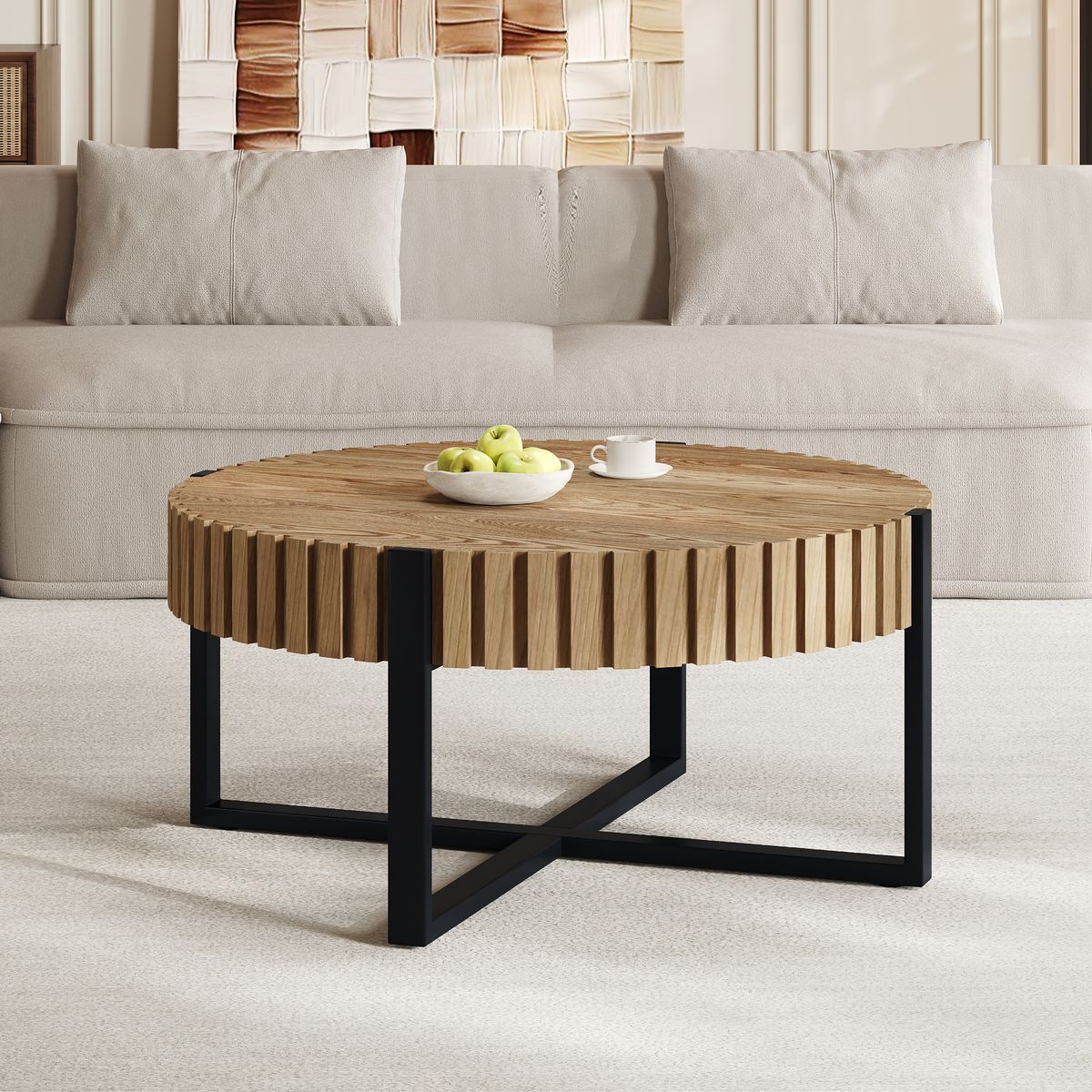 Round Coffee Table, Handcraft Drum Coffee Table With Gear Design & Cross Metal Base, Wood Grain MDF Top, 31.5 Modern Compact Coffee Table For Living Room Apartment_maomaolike.com
