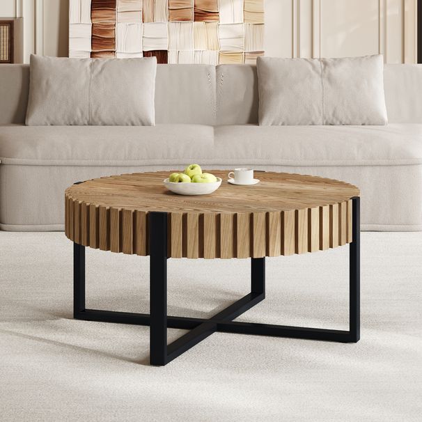 Round Coffee Table, Handcraft Drum Coffee Table With Gear Design & Cross Metal Base, Wood Grain MDF Top, 31.5 Modern Compact Coffee Table For Living Room Apartment_maomaolike.com