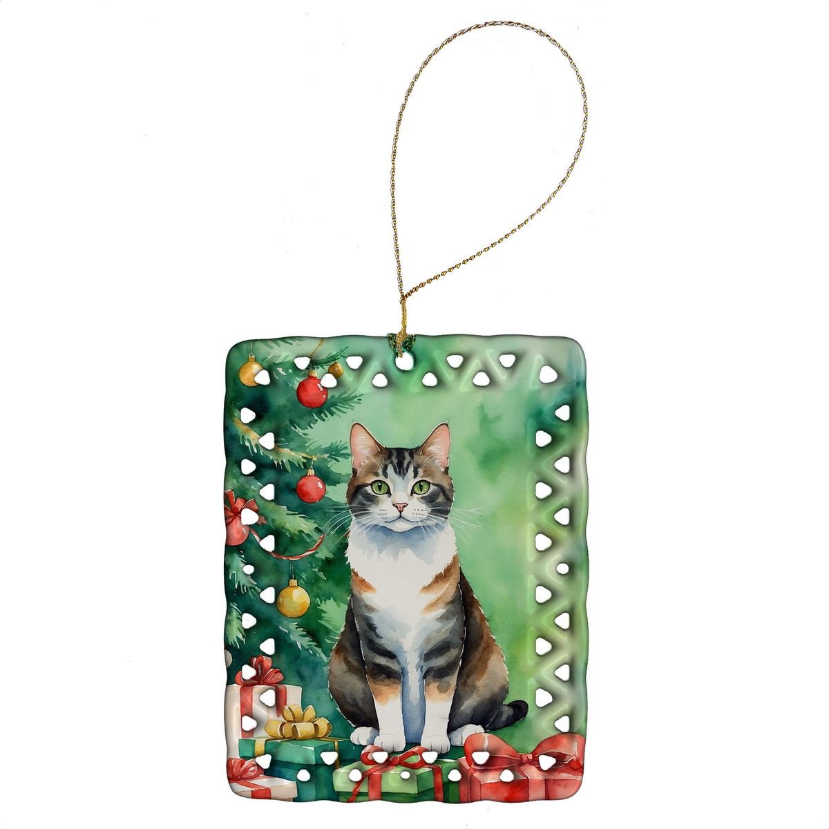 Manx Cat By The Christmas Tree Porcelain Ornament Christmas Tree Hanging Decorations For Home Christmas Holiday, Rectangle, Gift, Multicolor_maomaolike.com