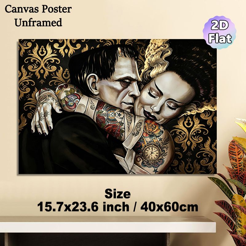 Gothic Monster Couple Painting Poster, Vintage Dark-toned Tattooed Monster Pair With Ornate Golden Filigree Poster, Unique Gothic Art Ideal For_maomaolike.com