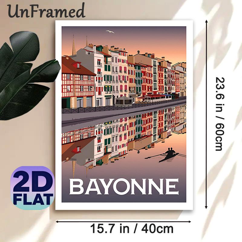 Bayonne Riverside Cityscape Painting Poster, Vintage Pastel-hued Town With Water Reflection Poster, Tranquil Urban Scenery Ideal For Living Room_maomaolike.com