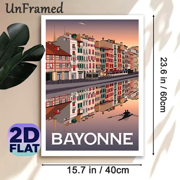 Bayonne Riverside Cityscape Painting Poster, Vintage Pastel-hued Town With Water Reflection Poster, Tranquil Urban Scenery Ideal For Living Room_maomaolike.com
