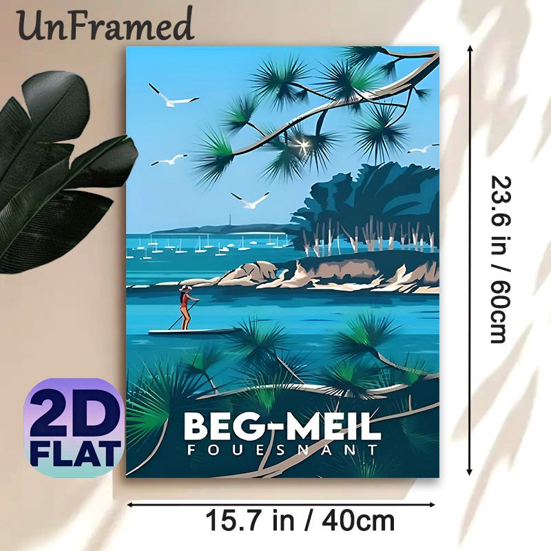 Beg-Meil Coastal Stand-Up Paddling Painting Poster, Vibrant Flat-style Seaside Scene Poster, Serene Nautical Decor Ideal For Living Room, Bedroom Or_maomaolike.com