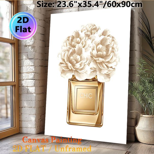 Chic Perfume Bottle With Peonies Painting Poster, Elegant Gilded Floral Poster, Refined Decorative Piece Suitable For Bedroom, Vanity Space_maomaolike.com