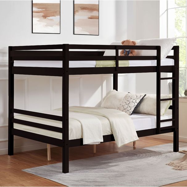 Full Over Full Bunk Bed With Thick Posts,Wooden Bunk Bed With High Guardrail And Ladder For Kids, Teens, Dorm Rooms, And Guest Rooms,No Box Spring Needed, Espresso_maomaolike.com