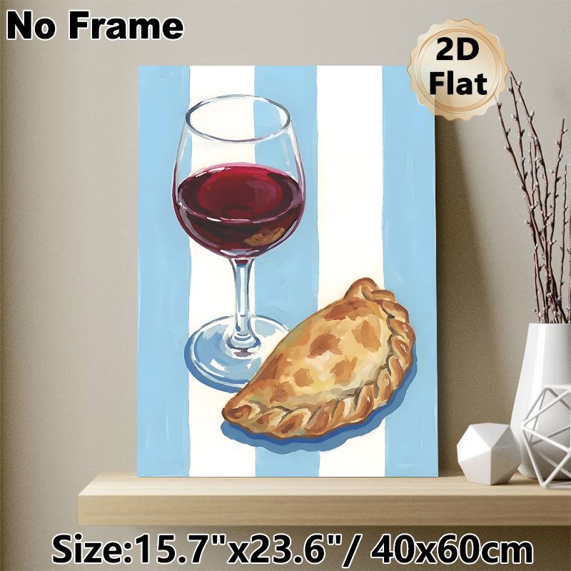 Wine & Empanada Themed Painting Poster, Vibrant Artistic Style Poster, Showcases Red Wine Glass With Golden Empanada, Adds Cozy Culinary Touch Ideal_maomaolike.com