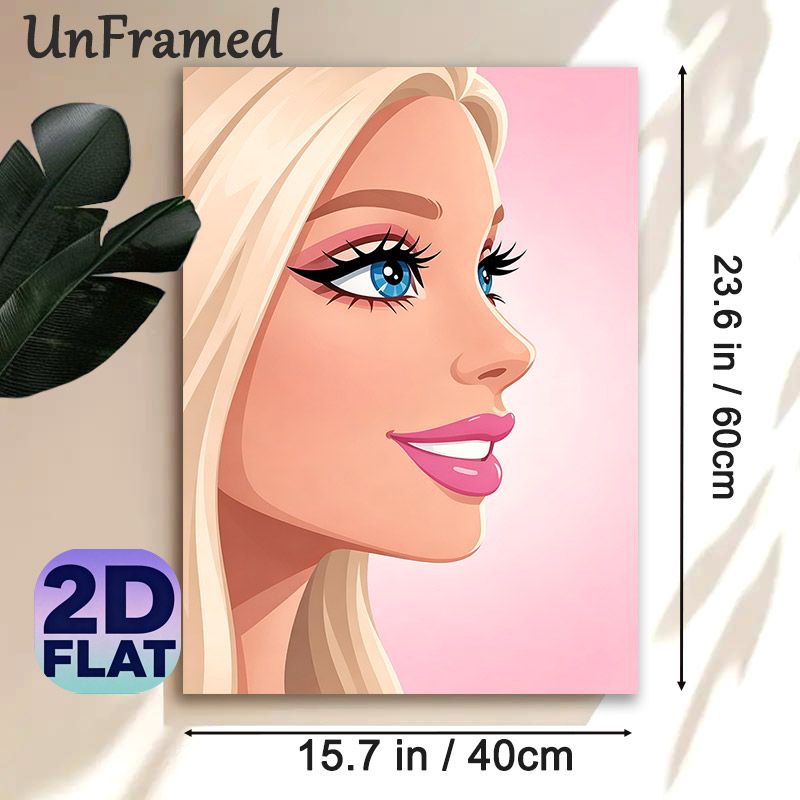Blonde Glamorous Lady Painting Poster, Soft Pink-toned Cartoon Style Poster, Elegant Portrait With Vivid Blue Eyes And Glossy Pink Lips, Ideal For_maomaolike.com