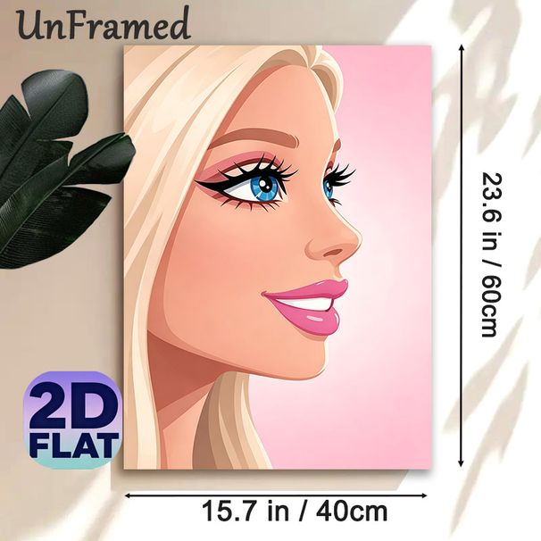 Blonde Glamorous Lady Painting Poster, Soft Pink-toned Cartoon Style Poster, Elegant Portrait With Vivid Blue Eyes And Glossy Pink Lips, Ideal For_maomaolike.com