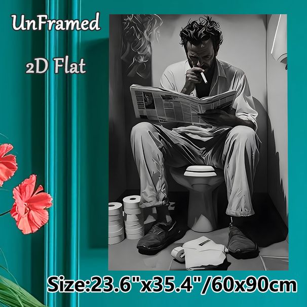 Man On Toilet Reading Newspaper Painting Poster, Monochrome Realistic Scene Poster, Witty Relatable Design Ideal For Bathroom Decor_maomaolike.com