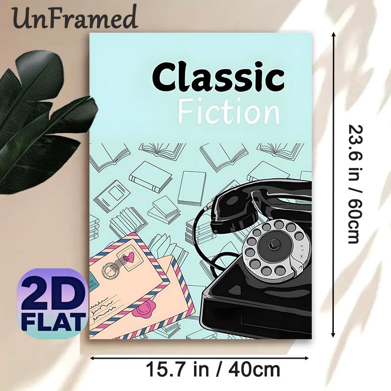 Classic Fiction Painting Poster, Vintage Cartoon Style Poster, Retro Rotary Phone, Envelopes & Illustrated Books Design, Nostalgic Literary Decor_maomaolike.com