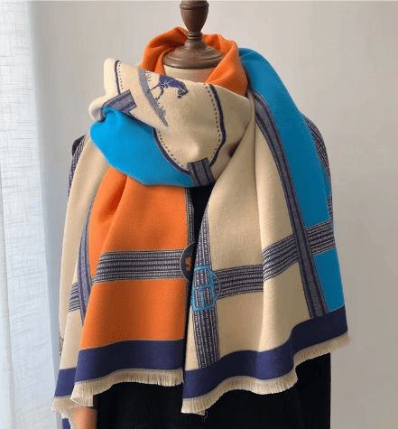 Winter Scarf Cashmere Shawl Women Color Blocked Horse Pattern Reversible Scarf With Tassel Pashmina Shawls And Wraps_maomaolike.com