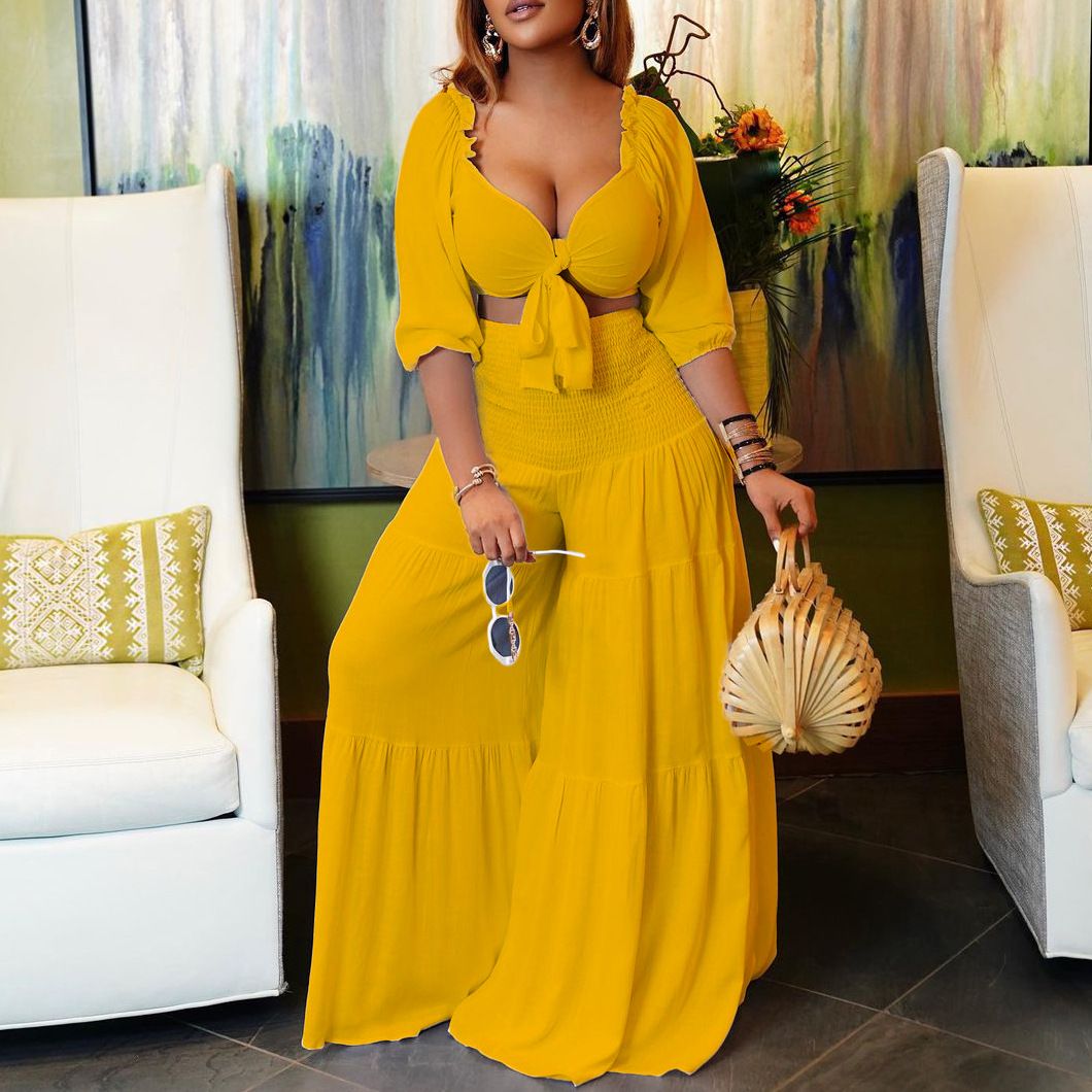 Women's Clothing women's summer fashion casual street suit pleated sexy solid color foreign trade two piece suit_maomaolike.com