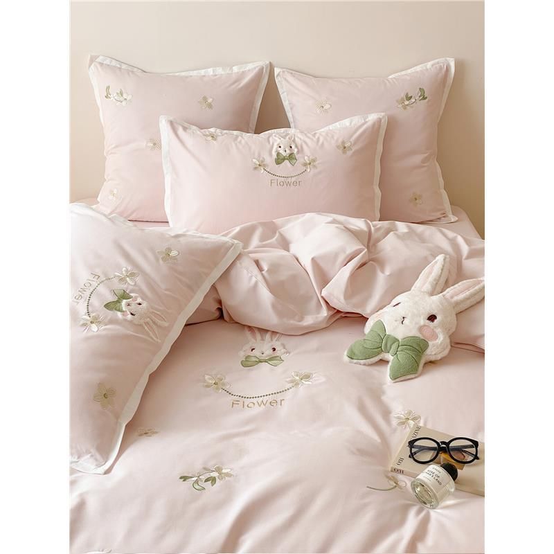 Brushed Cartoon Rabbit Girly Style Long Staple Pure Cotton Four-Piece Set Embroidered Duvet Cover For 1.2m Bed_maomaolike.com