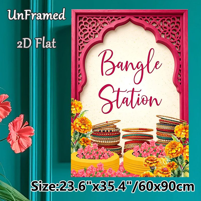 Bangle Station Themed Painting Poster, Vibrant Ethnic Style Poster, Ornate Carved Frame With Colorful Bangles & Marigolds, Cultural Decorative Piece_maomaolike.com