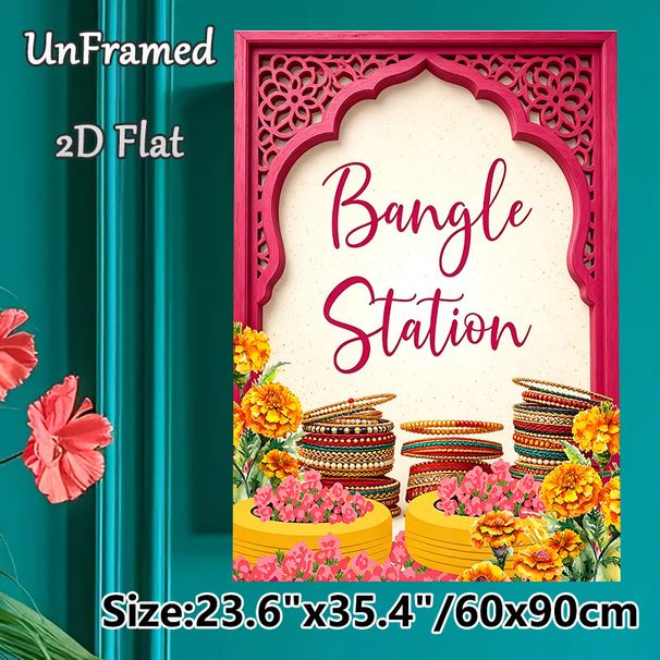 Bangle Station Themed Painting Poster, Vibrant Ethnic Style Poster, Ornate Carved Frame With Colorful Bangles & Marigolds, Cultural Decorative Piece_maomaolike.com