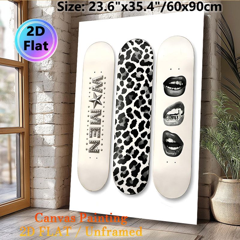 Skateboard Leopard Print & Grunge Lips Painting Poster, Monochrome Edgy Graphic Poster, Sleek Urban-style Decor Suitable For Living Room, Studio Or_maomaolike.com