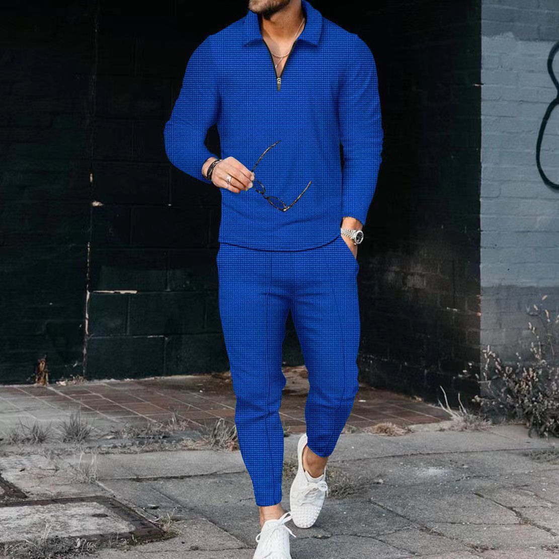 Men's Clothing texture suit long-sleeved polo suit sports pants fashion casual half zipper stand collar suit_maomaolike.com