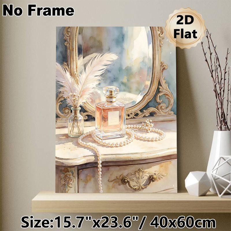 Vanity Dresser With Perfume & Pearls Painting Poster, Soft Watercolor Elegant Vanity Scene Poster, Brings Gentle Refined Ambiance For Bedroom_maomaolike.com