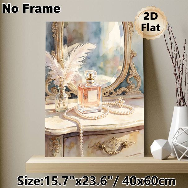 Vanity Dresser With Perfume & Pearls Painting Poster, Soft Watercolor Elegant Vanity Scene Poster, Brings Gentle Refined Ambiance For Bedroom_maomaolike.com