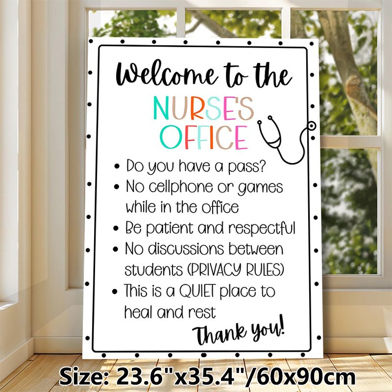 Nurse's Office Welcome & Rules Painting Poster, Vibrant Typographic With Stethoscope Graphic Poster, Clearly Displays Office Guidelines, Suitable For_maomaolike.com