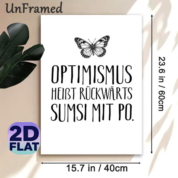 Butterfly & Optimism Quote Painting Poster, Minimalist Black & White Hand-drawn Butterfly With German Typography Poster, Inspirational Wall Decor_maomaolike.com
