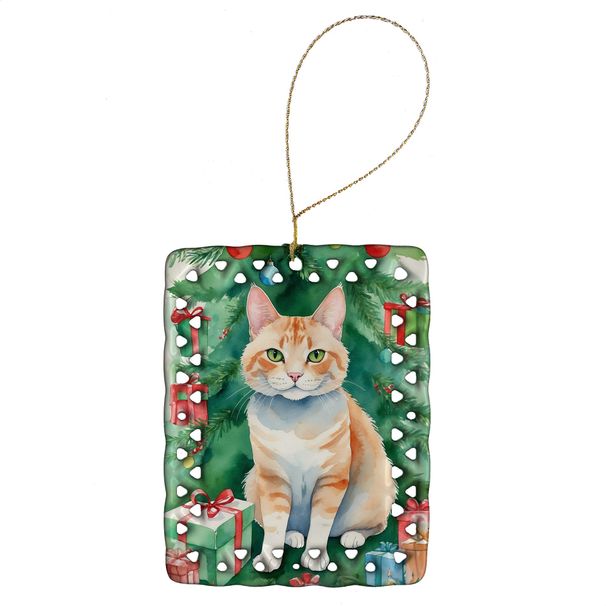 Ural Rex Cat By The Christmas Tree Porcelain Ornament Christmas Tree Hanging Decorations For Home Christmas Holiday, Rectangle, Gift, Multicolor_maomaolike.com