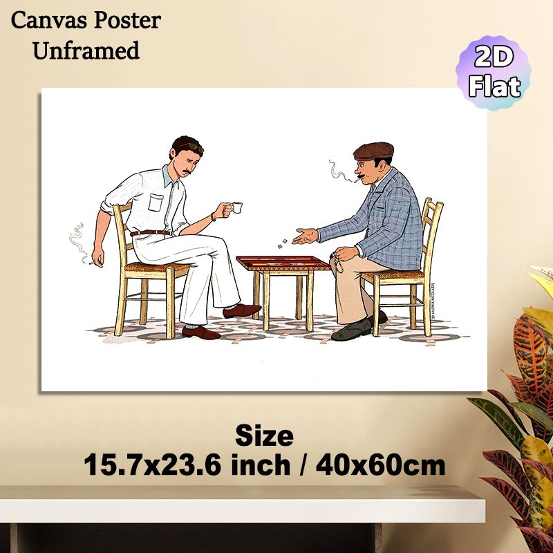 Men Playing Backgammon Painting Poster, Vintage Illustrated Poster, Depicts Two Men Enjoying Backgammon With Coffee, Warm Casual Vibe, Suitable For_maomaolike.com