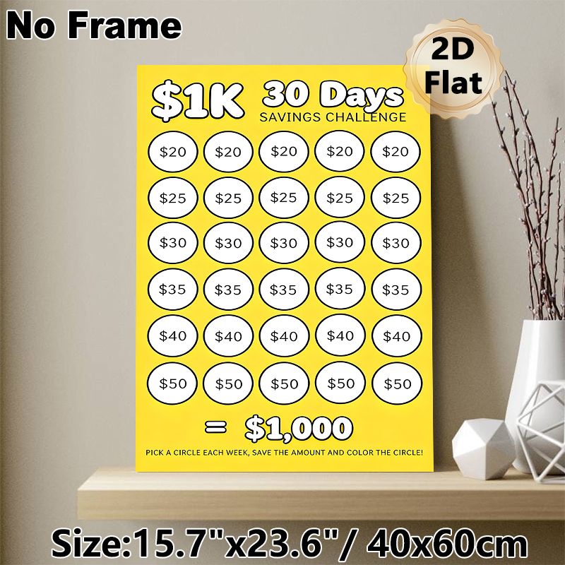 $1K 30 Days Savings Challenge Painting Poster, Bright Yellow Clear Layout Poster, Practical Saving Tracker To Develop Regular Saving Habits For Home_maomaolike.com
