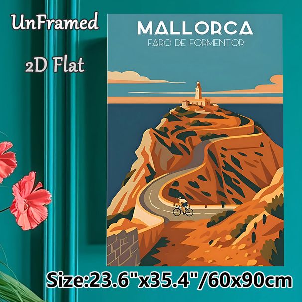 Mallorca Faro De Formentor Travel Painting Poster, Vintage Flat-style Coastal Lighthouse & Winding Road With Cyclist Poster, Charming Travel-themed_maomaolike.com