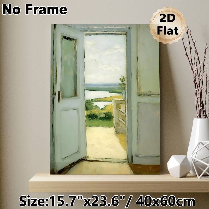 Lakeside Landscape Through Doorway Painting Poster, Soft-toned Impressionist-style Poster, Serene Outdoor Scenery View, Brings Tranquil Ambiance For_maomaolike.com