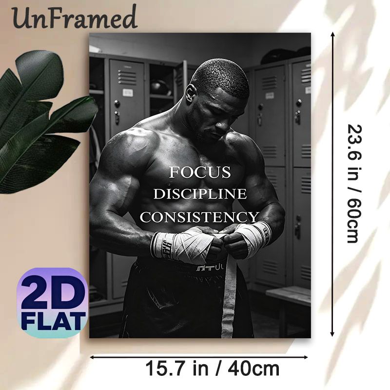 Motivational Boxer Painting Poster, Monochrome Powerful Athlete Locker Room Scene Poster, Inspiring Focus, Discipline, Consistency Quote Ideal For_maomaolike.com