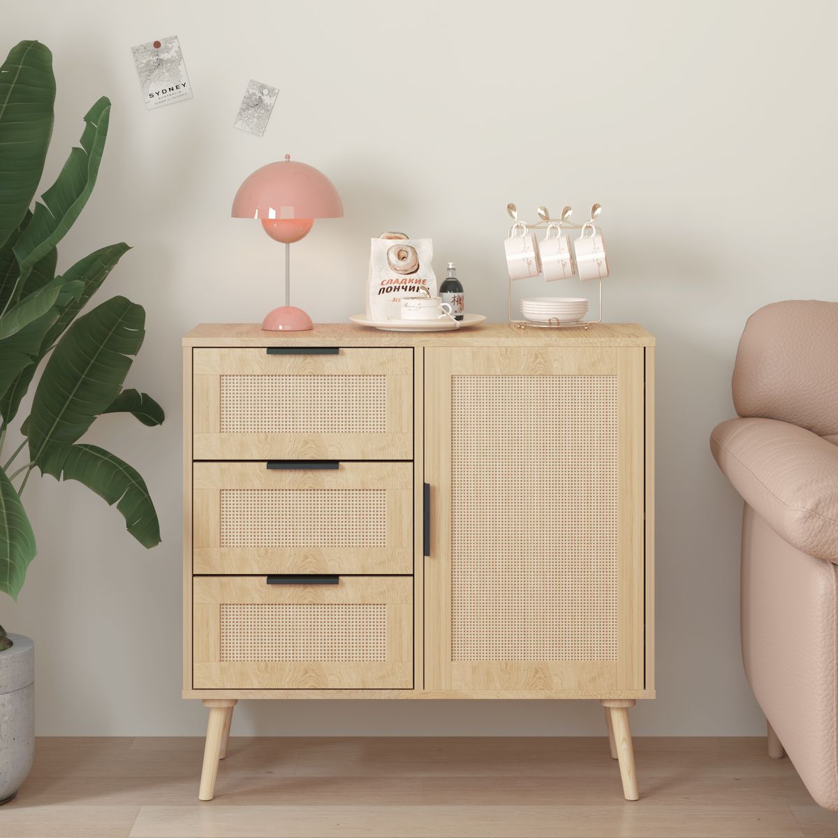 Modern Rattan Wood Dresser Wood Storage Cabinet Sideboard For Bedroom, Living Room, Entryway, Hallway_maomaolike.com