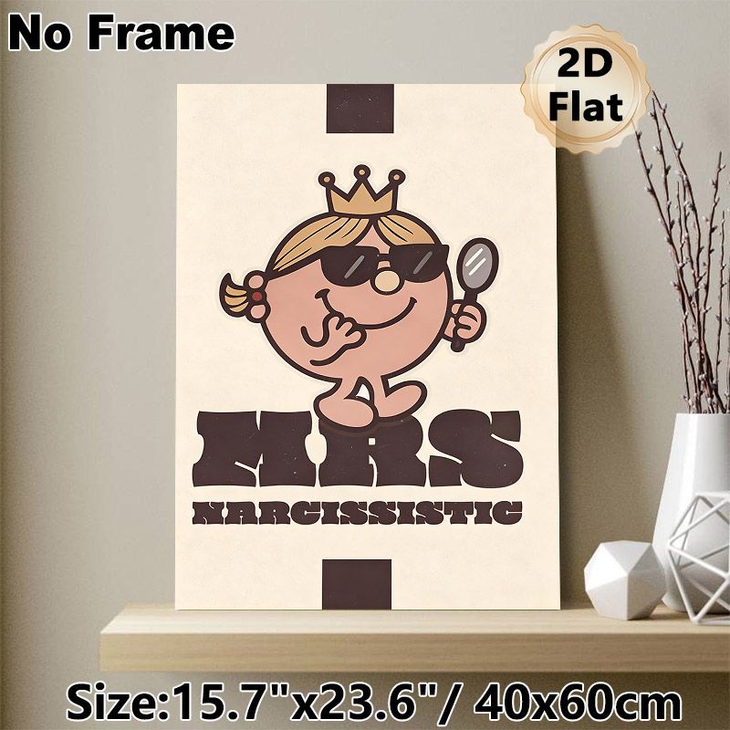 Narcissistic Themed Cartoon Painting Poster, Vintage Retro Cute Character With Crown & Mirror Poster, Playful Humorous Decor For Bedroom, Living Room_maomaolike.com