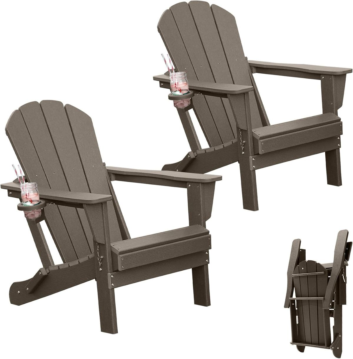 Adirondack Chairs Set Of 2, Plastic Adirondack Chair, Adirondack Chairs, HDPE Adirondack Chair, Folding Adirondack Chairs, Outdoor Chairs With Cup Holder For Lawn Patio Deck Fire Pit -Brown_maomaolike.com