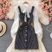 Women's temperament bow tie shirt two-piece suit tweed plaid suspender dress_maomaolike.com
