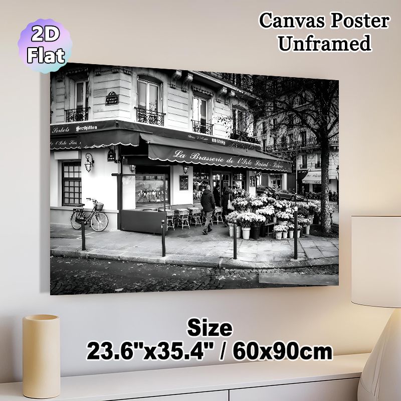 Parisian Brasserie Streetscape Painting Poster, Monochrome Vintage Urban Scene Poster, Timeless Nostalgic Vibe Ideal For Living Room, Café Wall Decor_maomaolike.com