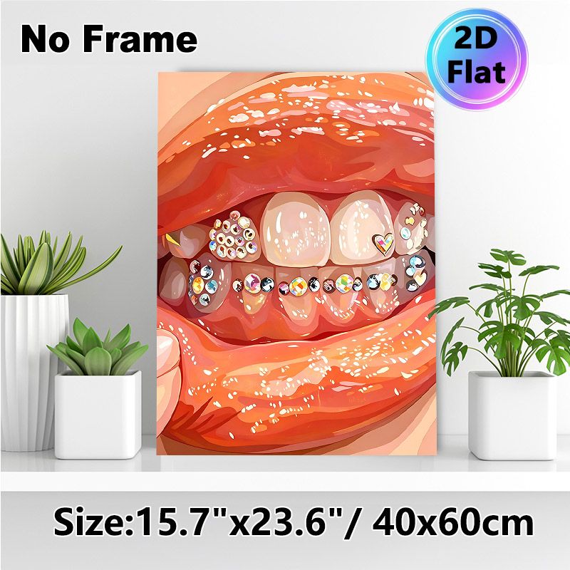 Jeweled Teeth & Glossy Lips Painting Poster, Vibrant Stylized Sparkling Mouth Poster, Eye-catching Decorative Artwork Ideal For Bedroom, Vanity Space_maomaolike.com