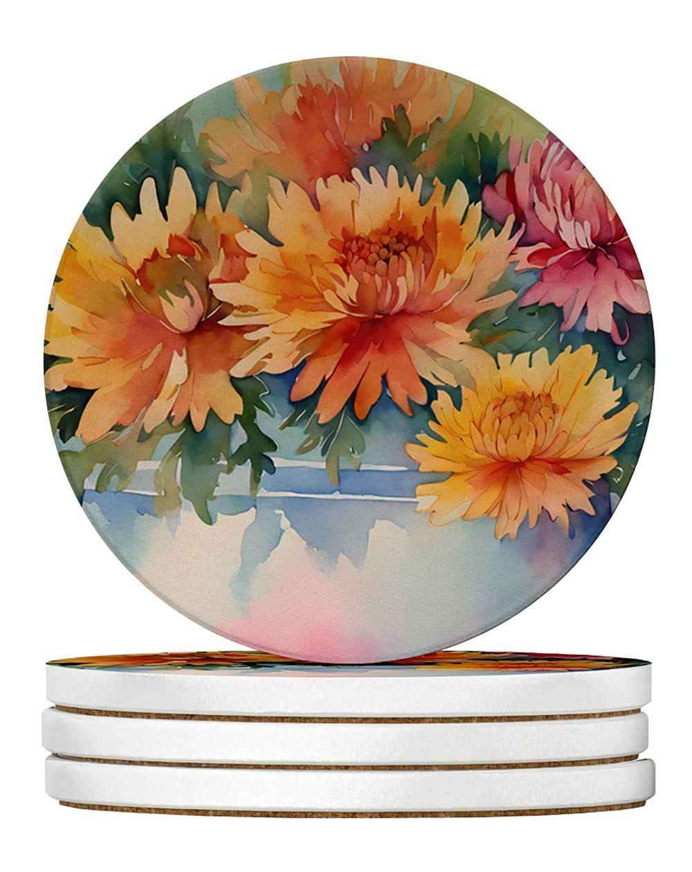 Chrysanthemums In Watercolor Large Sandstone Coasters Pack Of 4 Absorbent Round Coasters Decor Gifts For Men Or Women, 4 In, Multicolor_maomaolike.com