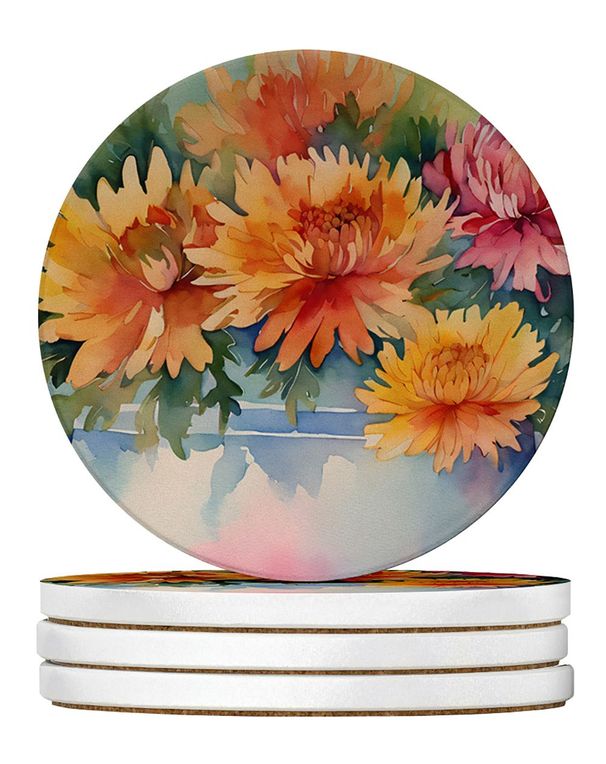 Chrysanthemums In Watercolor Large Sandstone Coasters Pack Of 4 Absorbent Round Coasters Decor Gifts For Men Or Women, 4 In, Multicolor_maomaolike.com