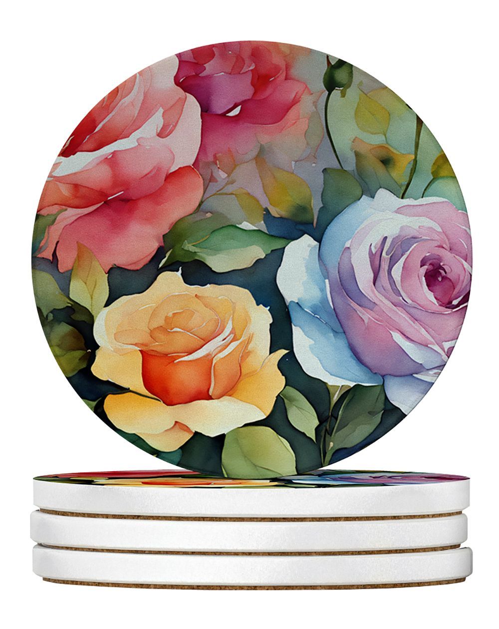 Roses In Watercolor Large Sandstone Coasters Pack Of 4 Absorbent Round Coasters Decor Gifts For Men Or Women, 4 In, Multicolor_maomaolike.com
