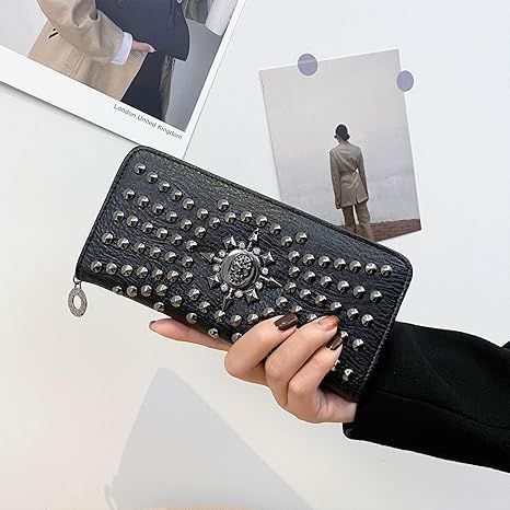 Skull Wallets For Women - Large Capacity Womens Clutch Wallet Purse Punk Studs Gothic Skull Chain Women Wallet Long Purse Credit Card Clutch For Women Handbag (Black)_maomaolike.com